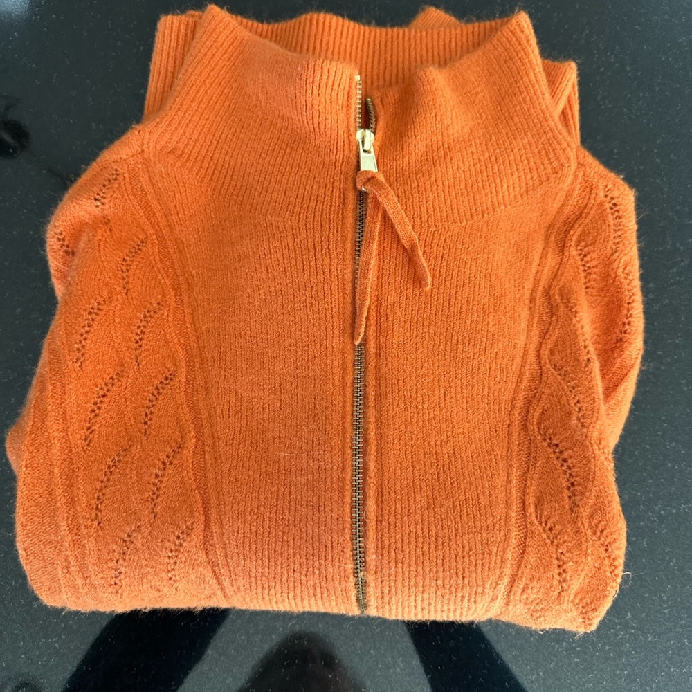Talbots orange three-quarter zip cable sweater. Size large.
